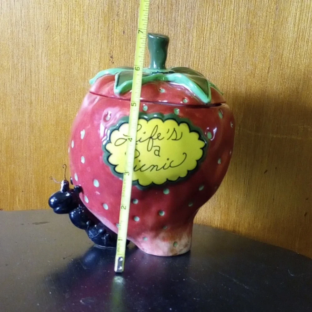 Vintage Red & Green Ceramic Cookie Jar, Canister, Strawberry Decor, Black Ant - Picture 4 of 4